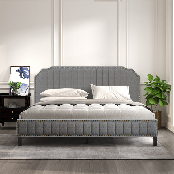 Modern Linen Curved Upholstered Platform Bed ;  Solid Wood Frame ;  Nailhead Trim (King)