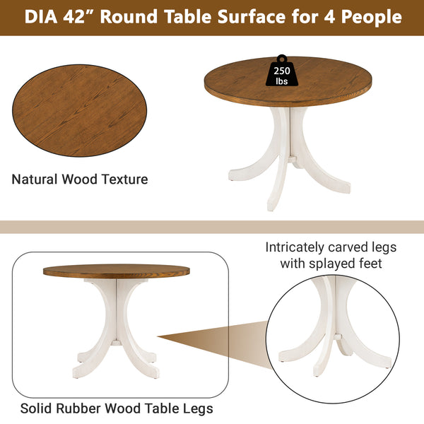 Mid-Century Solid Wood 5-Piece Round Dining Table Set;  Kitchen Table Set with Upholstered Chairs for Small Places