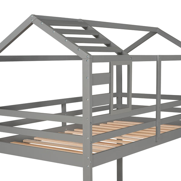 Twin over Full House Bunk Bed with Ladder and Window,Full-Length Guardrail