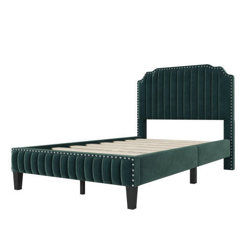 Modern Velvet Curved Upholstered Platform Bed , Solid Wood Frame , Nailhead Trim, Green (Full)