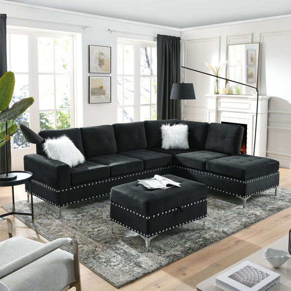 Sectional 3-Seaters Sofa with Reversible Chaise; Storage Ottoman and Cup Holders; Metal Legs and Copper Nails; Two White Villose Pillows ; Black