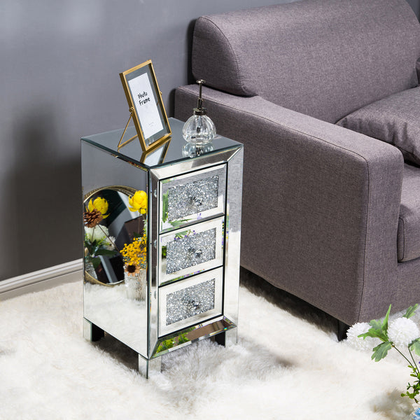 Modern and Contemporary Mirror Surface With Diamond 3-Drawers Nightstand Bedside Table