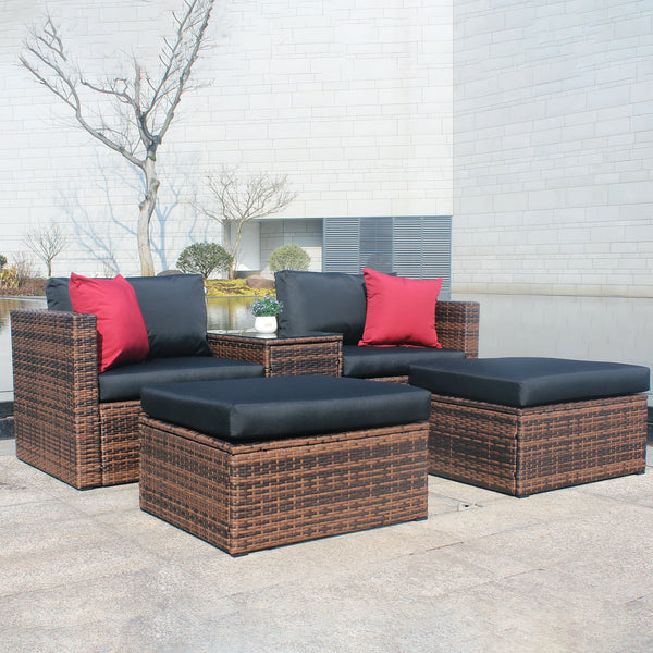 5 Pieces Outdoor Patio Garden Brown Wicker Sectional Conversation Sofa Set with Black Cushions and Red Pillows,w/ Furniture Protection Cover