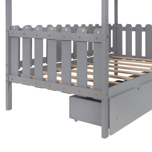 Twin Size House Bed with drawers, Fence-shaped Guardrail