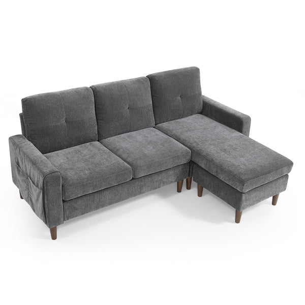 80' Convertible Sectional Sofa Couch;  3 Seats L-shape Sofa with Removable Cushions and Pocket;  Rubber Wood Legs