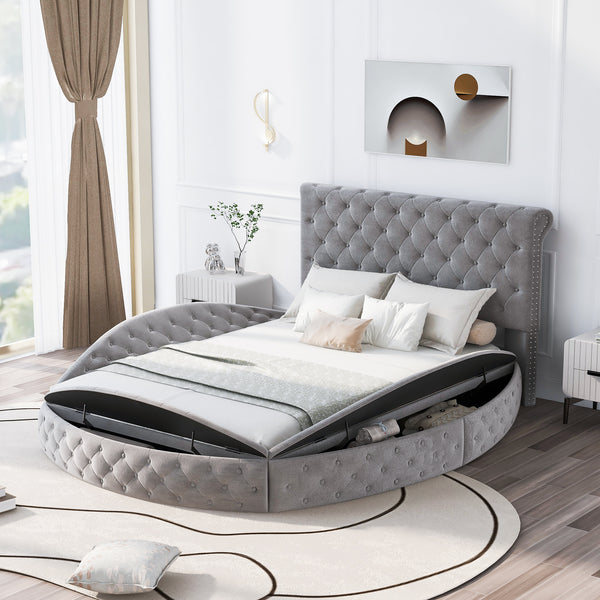 Queen Size Round Shape Upholstery Low Profile Storage Platform Bed with Storage Space on both Sides and Footboard