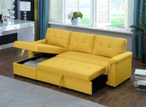 Lucca 84" Yellow Linen Reversible Sleeper Sectional Sofa with Storage Chaise