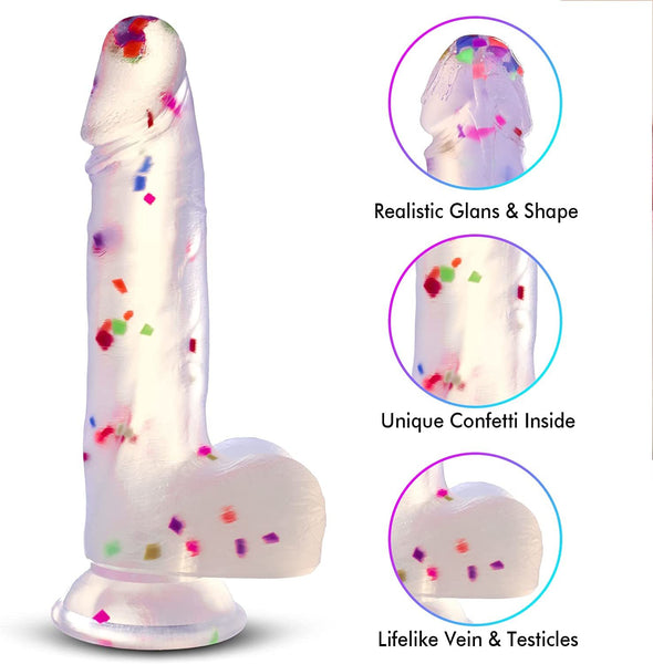 Realistic Dildo with Powerful Suction Cup;  Confetti Silicone Crystal Clear G-Spot Vaginal Lifelike Dildo;  Waterproof & Skin-Friendly Material Adult Sex Toys for Masturbation Play