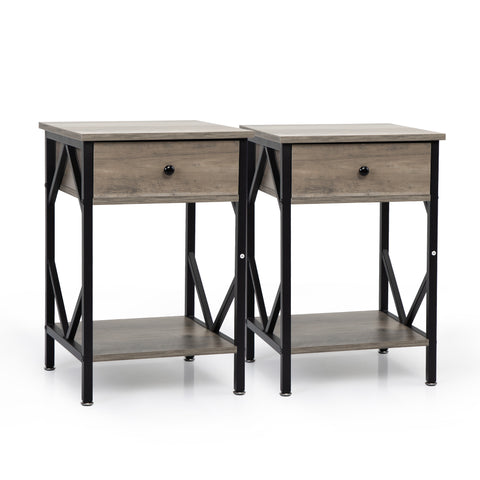 Set of 2 Nightstand Industrial End Table with Drawer, Storage Shelf and Metal Frame for Living Room, Bedroom,Washed Gray XH