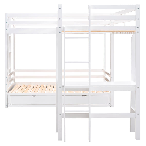 Twin over Twin/King Size L-Shaped Bunk Bed with Built-in Desk and Two Drawers; White