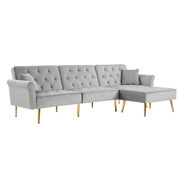 Modern Velvet Upholstered Reversible Sectional Sofa Bed ; L-Shaped Couch with Movable Ottoman and Nailhead Trim For Living Room. (Light Grey)