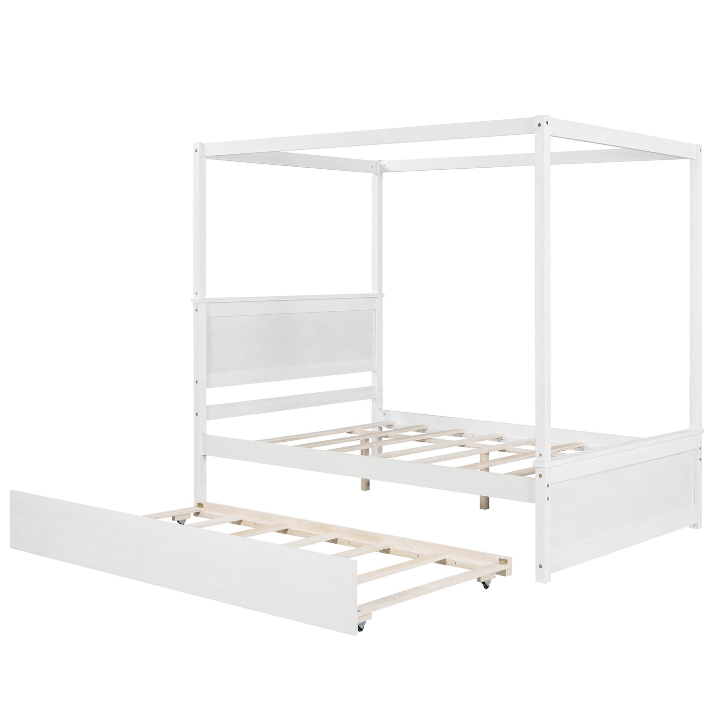 Wood Canopy Bed with Trundle Bed ; Full Size Canopy Platform bed With Support Slats .No Box Spring Needed; Brushed White
