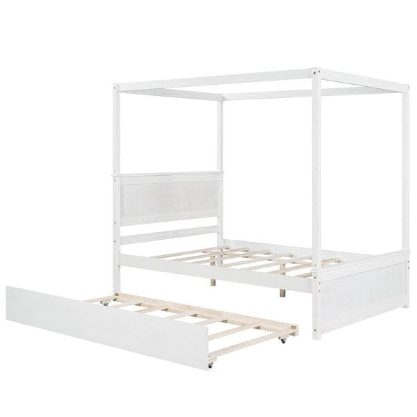 Wood Canopy Bed with Trundle Bed ; Full Size Canopy Platform bed With Support Slats .No Box Spring Needed; Brushed White