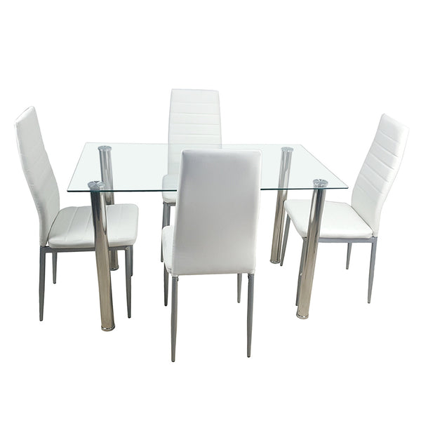 110cm Dining Table Set Tempered Glass Dining Table with 4pcs Chairs Transparent & Creamy White