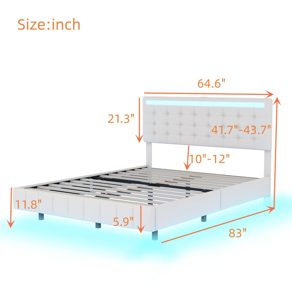 Queen Size Floating Bed Frame with LED Lights and USB Charging,Modern Upholstered Platform LED Bed Frame,White