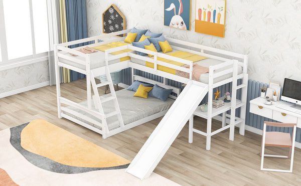 Twin over Full Bunk Bed with Twin Size Loft Bed with Desk and Slide,Full-Length Guardrail