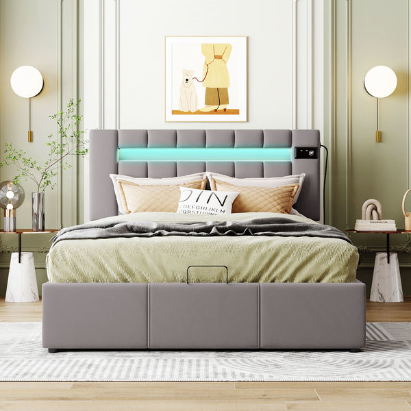 Upholstered Bed Full Size with LED light;  Bluetooth Player and USB Charging;  Hydraulic Storage Bed in Velvet Fabric