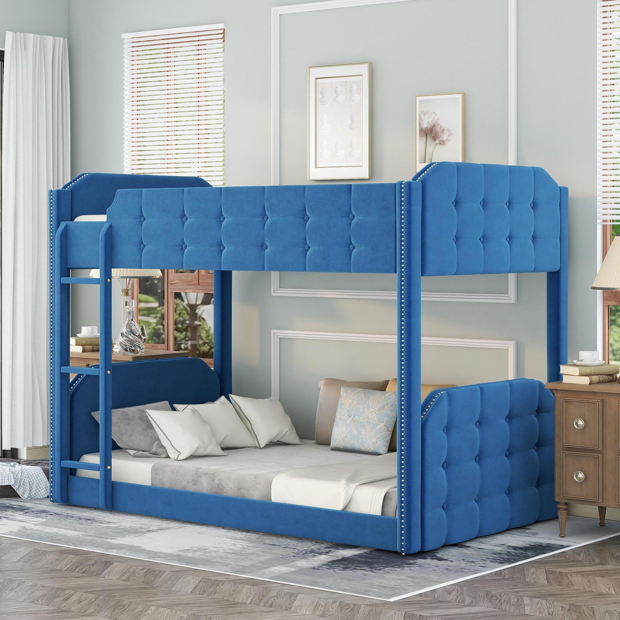 Twin over Twin Upholstered Bunk Bed; Button-Tufted Headboard and Footboard Design; Blue