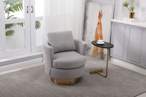 Teddy Swivel Barrel Chair, Swivel Accent Chairs Armchair for Living Room, Reading Chairs for Bedroom Comfy, Round Barrel Chairs with Gold Stainless Steel Base (Grey)