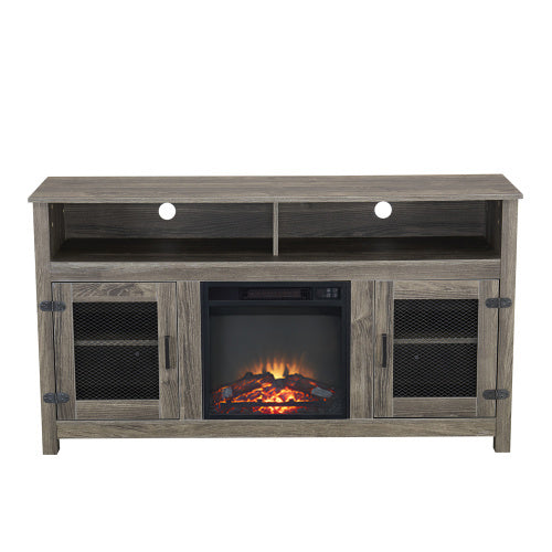 Modern Farmhouse TV Stand with Electric Fireplace, Fit up to 65" Flat Screen TV with Storage Cabinet and Adjustable Shelves Industrial Entertainment Center for Living Room, Grey