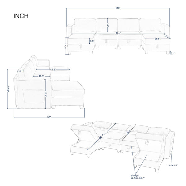 116'' Square Arm Sectional Sofa Green Velvet(W223S00401)