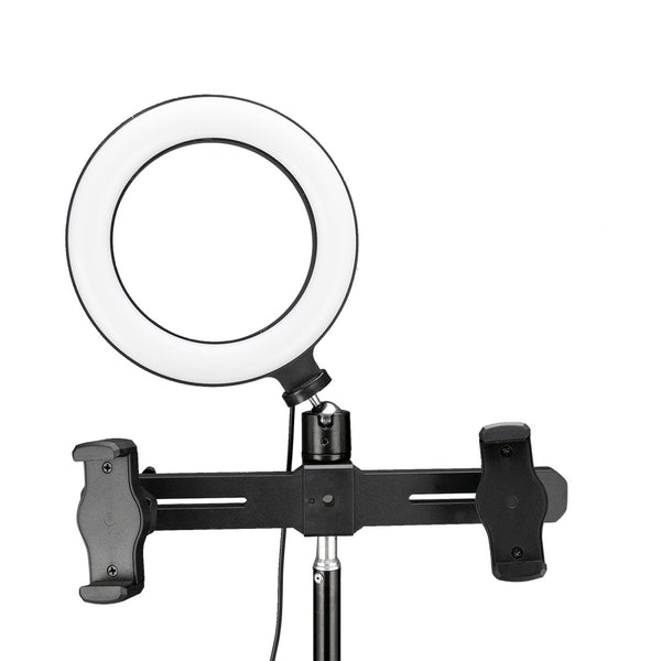 6.3" Selfie Ring Light with Tripod Stand & Double Cell Phone Holder & Mic Stand & Multi-function Plate for Live Stream / Makeup Compatible with iPhone and Android Smartphone