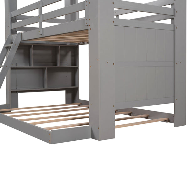 Twin Over Full Bunk Bed with Desk Storage Shelves.Reinforced Structure Bunk Beds Solid Wood Bed Frame for Kids Teens