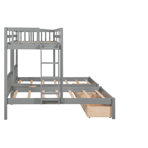 Twin over Twin & Twin Bunk Bed with Two Drawers and Built-in Middle Drawer