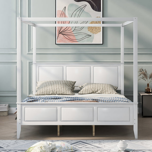 King Size Canopy Platform Bed with Headboard and Footboard; With Slat Support Leg; White