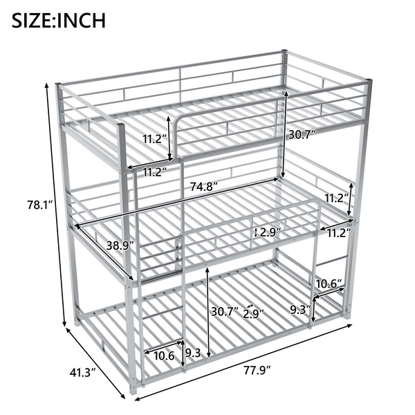 Space-Saving Metal Triple Bunk Bed, Twin Size, Sleek Silver Finish