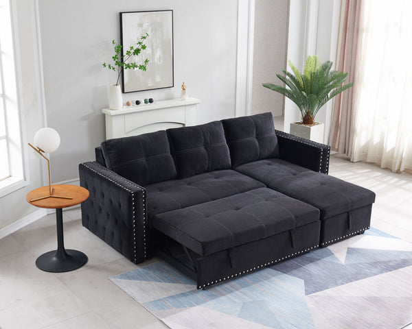 Sectional sofa with pulled out bed; 2 seats sofa and reversible chaise with storage; both hands with copper nail; BLACK; (91&quot; x 64&quot; x 37&quot;)