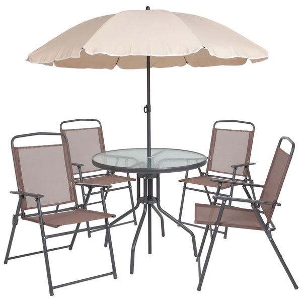 Nantucket 6 Piece Patio Garden Set with Table, Umbrella and 4 Folding Chairs