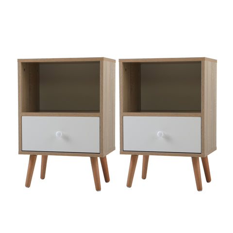 Set of 2 Mid-Century Wood Nightstand, Bed Sofa Side Table with Drawer and Shelf, Modern End Table for Living Room Bedroom Office XH