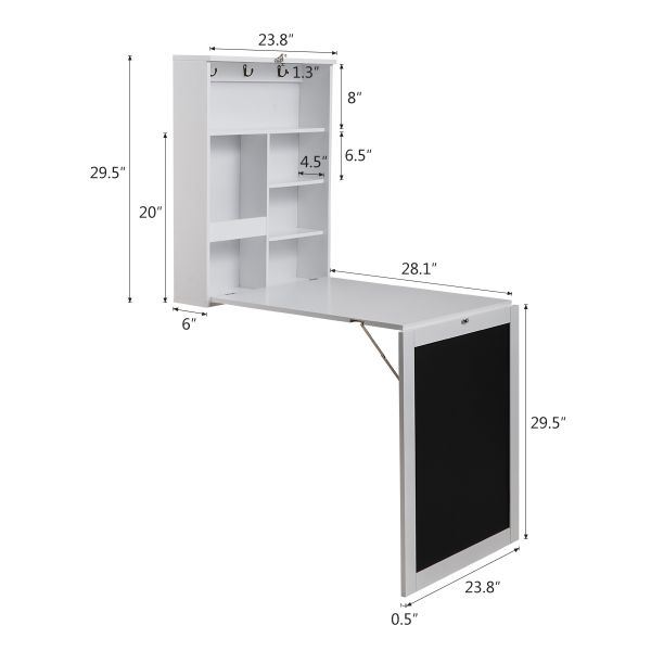 Floating Wall Mounted Table, Foldable Desk with Storage Shelves and Blackboard - black+white XH