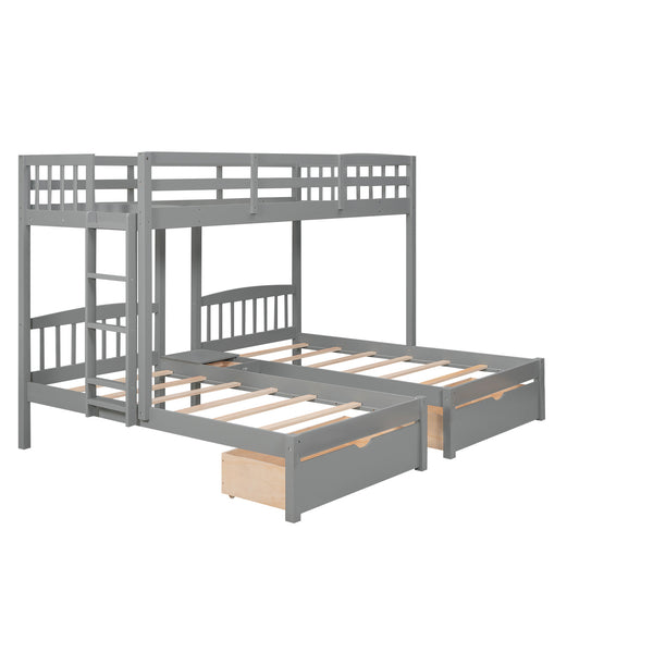 Twin over Twin & Twin Bunk Bed with Two Drawers and Built-in Middle Drawer