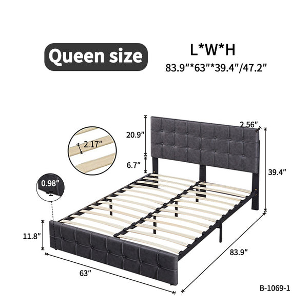 Queen Size Bed Frame, Modern Upholstered Platform Bed with Adjustable Headboard, Heavy Duty Button Tech cloth Bed Frame with Wood Slat Support, Easy Assembly, No Box Spring Needed (Grey, Queen)