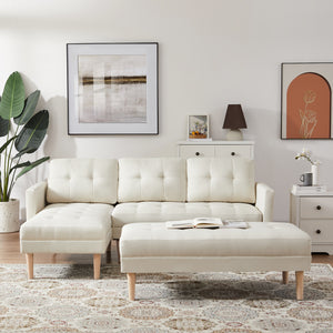 Beige Sectional Sofa Bed ; L-shape Sofa Chaise Lounge with Ottoman Bench