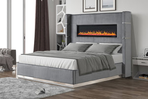 Lizelle Upholstery Wooden Queen Bed with Ambient lighting in Gray Velvet Finish