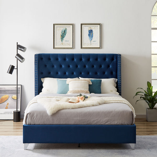 B100S King bed; Button designed Headboard; strong wooden slats + metal legs with Electroplate