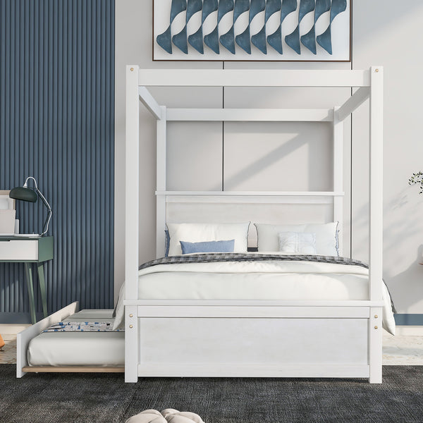 Wood Canopy Bed with Trundle Bed ; Full Size Canopy Platform bed With Support Slats .No Box Spring Needed; Brushed White