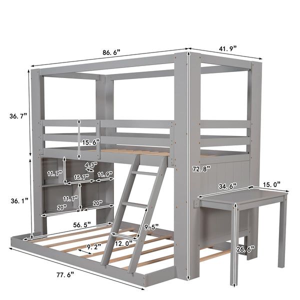 Twin Over Full Bunk Bed with Desk Storage Shelves.Reinforced Structure Bunk Beds Solid Wood Bed Frame for Kids Teens