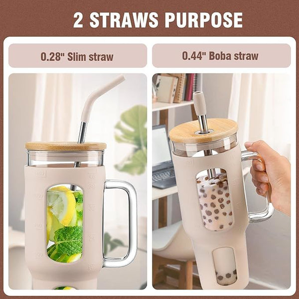 Glass Tumbler With Lid And Straw, 46 Oz Iced Coffee Cup With Handle, Glass Water Bottles With Silicone Sleeve, Glass Cup With Straws