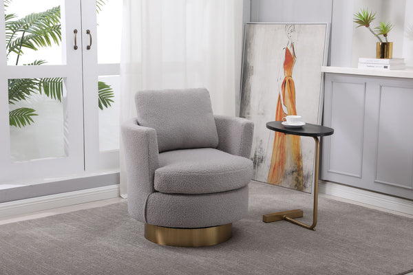 Teddy Swivel Barrel Chair, Swivel Accent Chairs Armchair for Living Room, Reading Chairs for Bedroom Comfy, Round Barrel Chairs with Gold Stainless Steel Base (Grey)