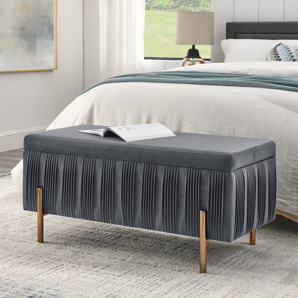 Elegant Upholstered Velvet Storage Bench with Cedar Wood Veneer, Large Storage Ottoman with Electroplate Iron Legs for Hallway Living Room Bedroom, Grey