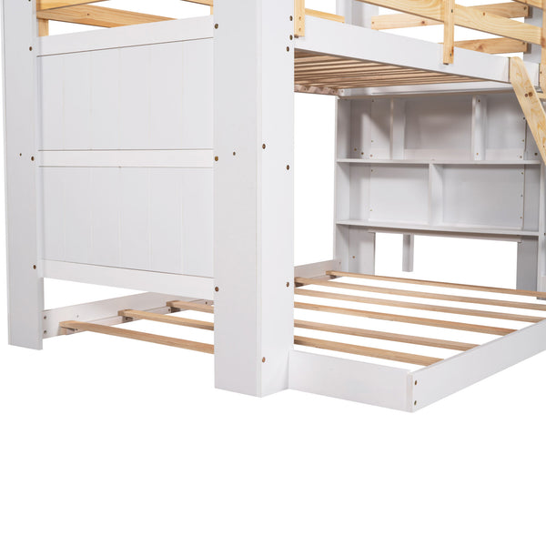 Twin Over Full Bunk Bed with Desk Storage Shelves.Reinforced Structure Bunk Beds Solid Wood Bed Frame for Kids Teens