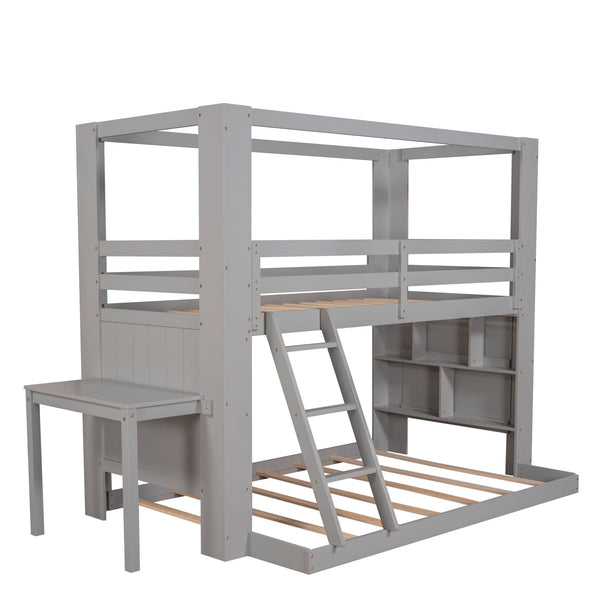 Twin Over Full Bunk Bed with Desk Storage Shelves.Reinforced Structure Bunk Beds Solid Wood Bed Frame for Kids Teens