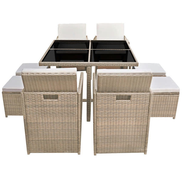 9 Piece Outdoor Dining Set with Cushions Poly Rattan Beige