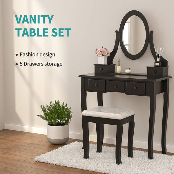 Vanity Table Set, Dressing Table with Mirror, Vanity Makeup Table with 5 Drawers/ Stool, Black--YS