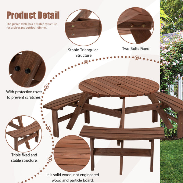 Circular Outdoor Wooden Picnic Table with Built-in Benches for Patio Backyard Garden; DIY; 1720lb Capacity; Natural/Gray