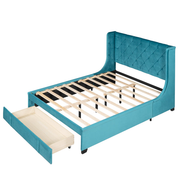 Queen Size Storage Bed Velvet Upholstered Platform Bed with Wingback Headboard and a Big Drawer